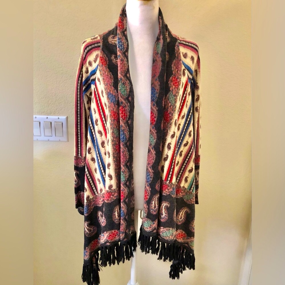 Anthropologie Guinevere Boho Fringe Open-Front Cardigan in Multi-Color